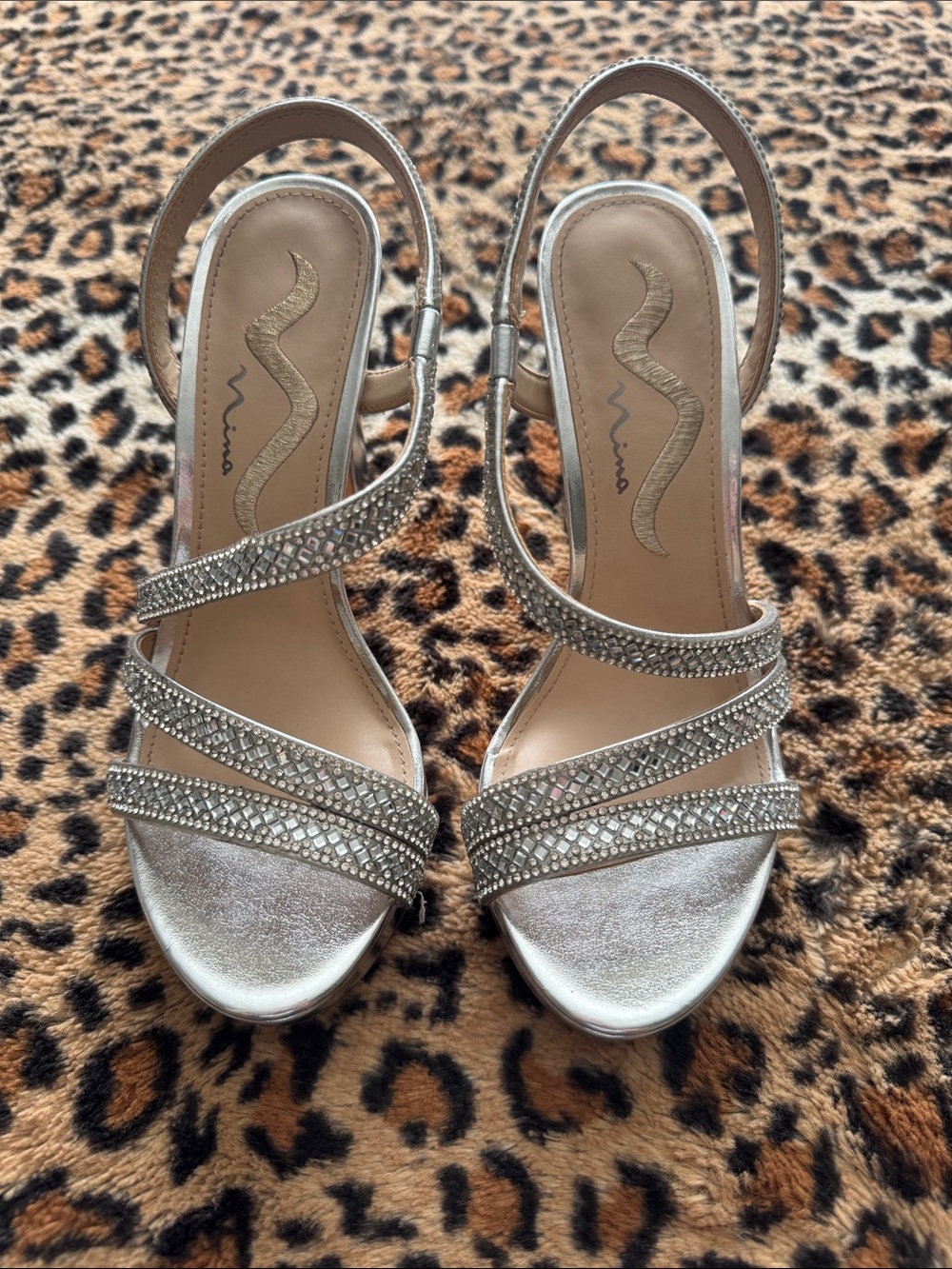 Nina Silver Crystal-Strap Open-Toe Slingback Heels